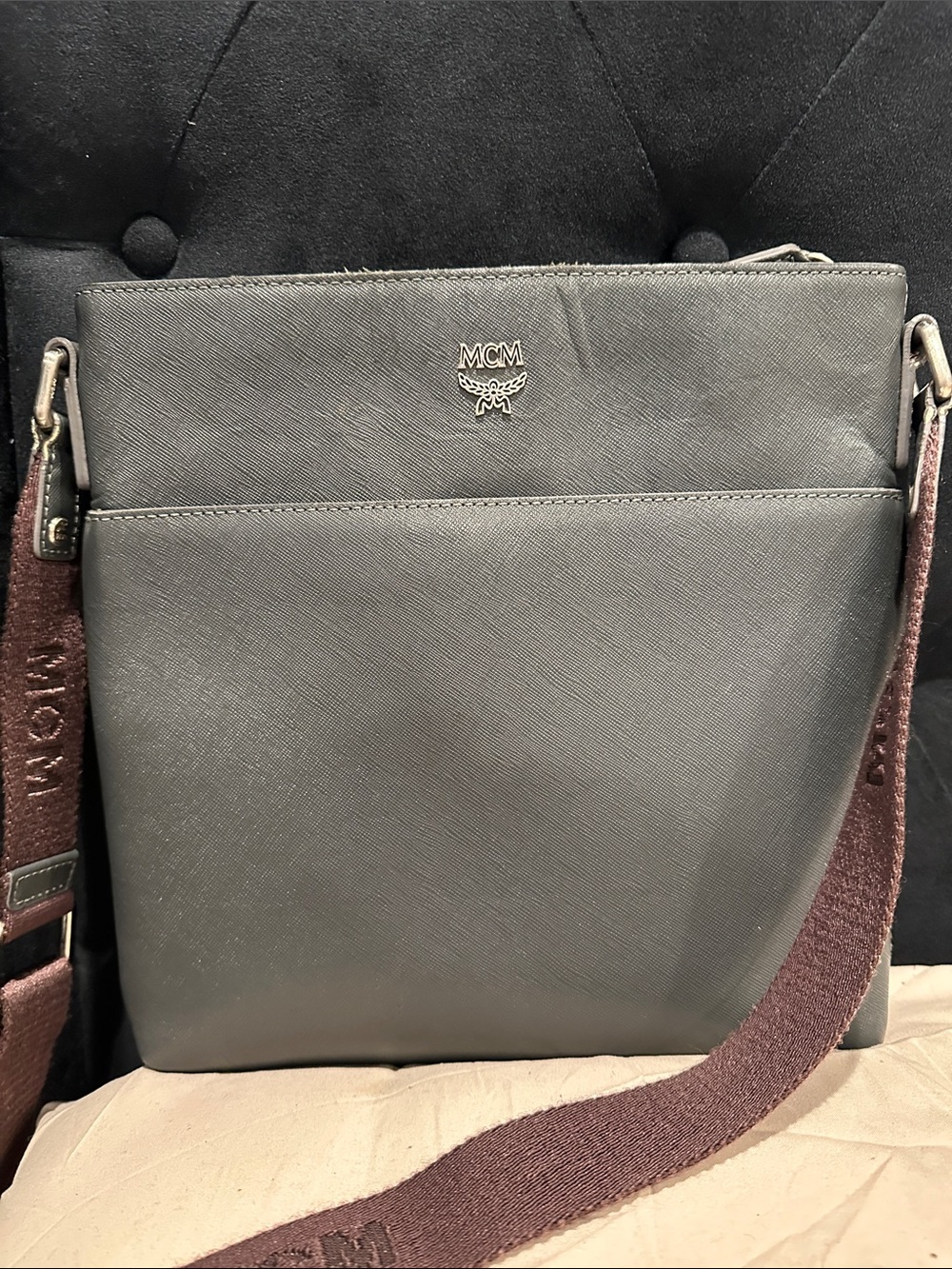 MCM Gray Leather Crossbody with Burgundy Branded Strap Unisex